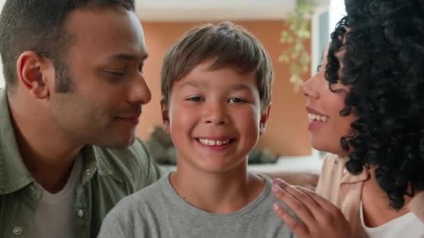 Happy Multiracial African American Loving Mum Dad Kissing Little Boy — Stock Video