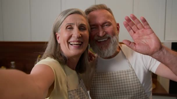 Webcam Udsigt Glad Senior Pensioneret Familie Par Kokke Optage Video – Stock-video