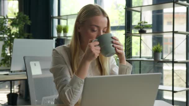 穏やかなペンシルベニアのビジネスウーマン少女は ラップトップコンピュータを見ているオフィス職場でコーヒーティーを飲む 電子メールを読みます ビジネスソリューションの女性マネージャー 飲料をリラックスして休憩を取る — ストック動画