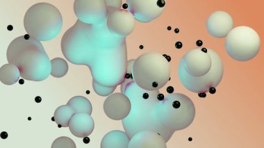Liquid fluid dynamic abstract animated white metaball floating spheres blobs drops bubbles in transition deformation beige background with black little pearls 3d render for presentation business adds