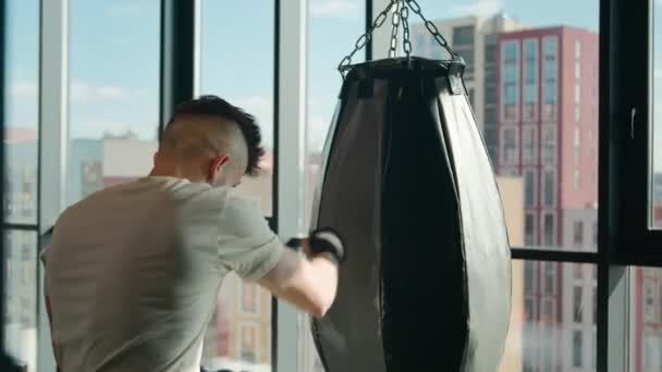 Πίσω Όψη Μυϊκή Καυκάσιος Αθλητής Πυγμάχος Πυγμάχος Χτύπημα Punching Τσάντα — Αρχείο Βίντεο