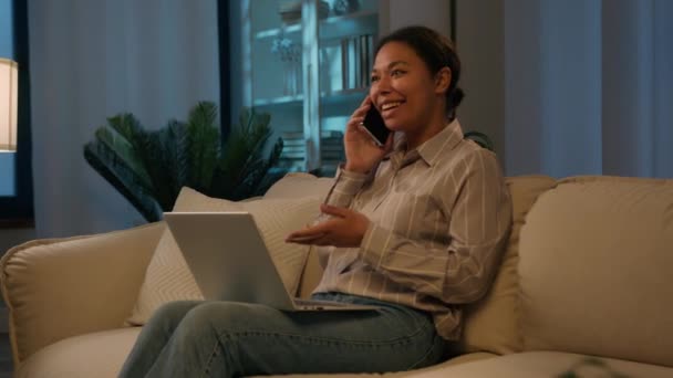 Happy African American Woman Female Freelancer Working Evening Home Talking — Stock Video