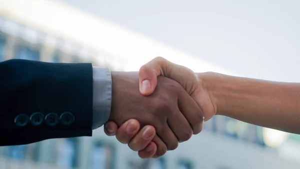Closeup Two People Diverse Multiracial Man Woman Shake Hands Conclude — Stock Photo, Image
