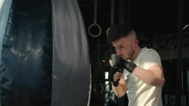 Male Sportsman Caucasian Man Boxer Training Punching Bag Boxing Exercise — Stock Video