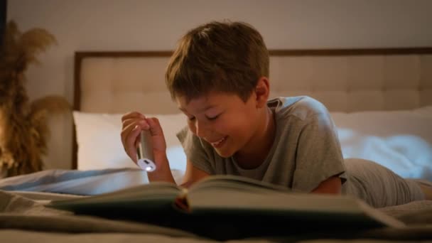 Smiling Happy Little Cute Caucasian Child Kid Boy Schoolboy Reading — Stock Video