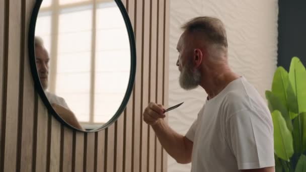 白种人 白种人 英俊的老年男子 上了年纪的60多岁 留着白发的老年男性养恤金领取者 看着镜子里的倒影 用梳子梳理胡子准备在浴室里准备好了 — 图库视频影像