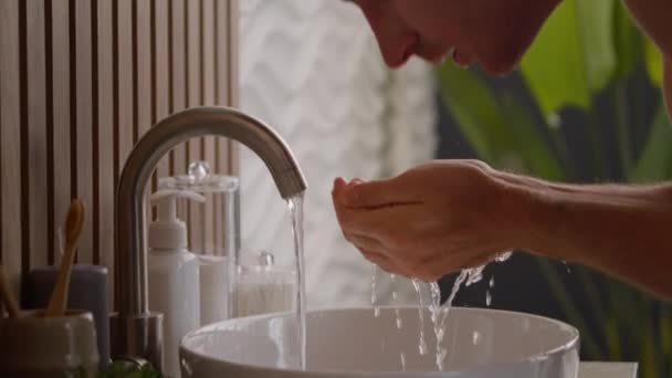 Caucasian Man Washing Face Sink Bathroom Guy Male Wash Facial — Stock Video