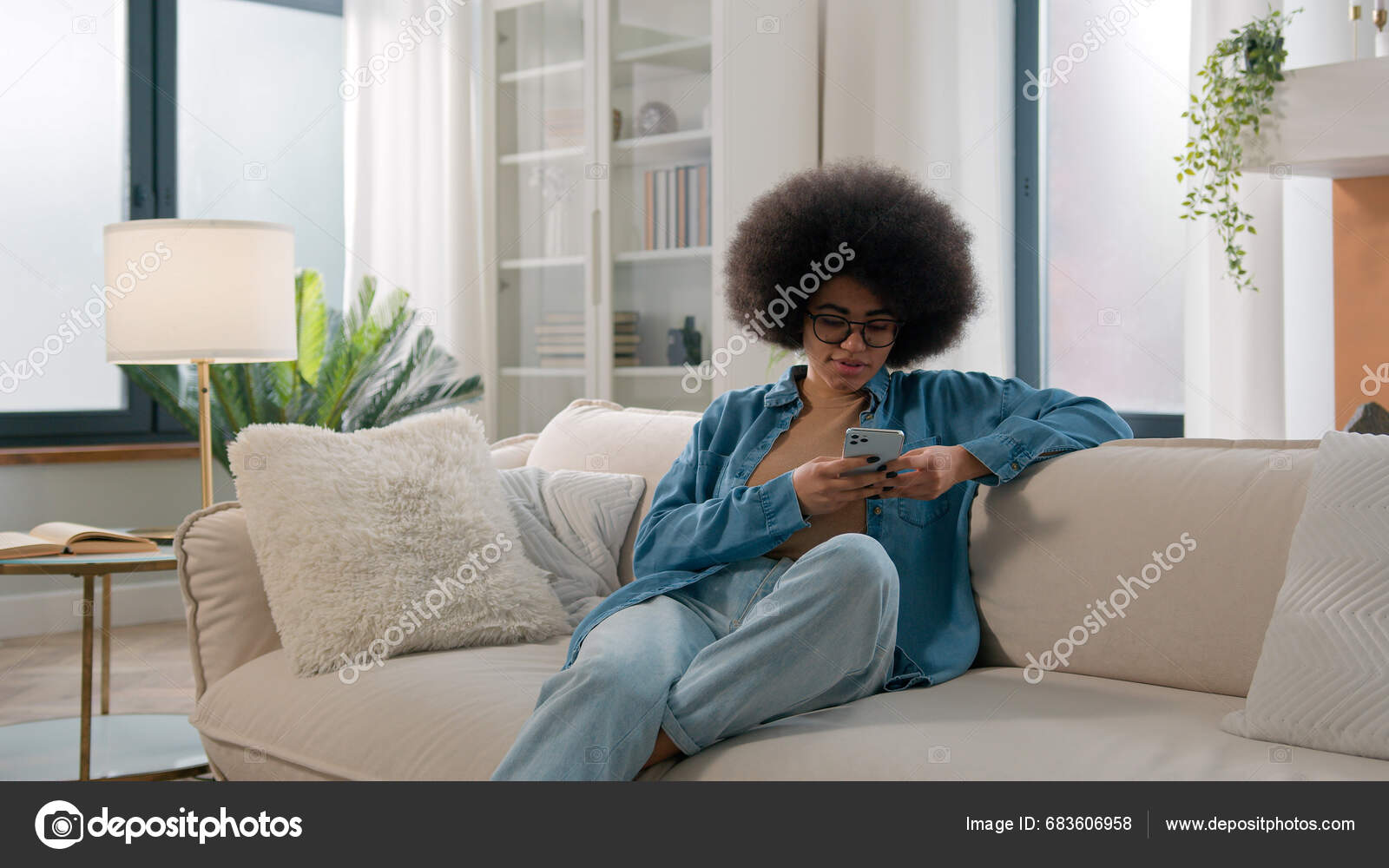 Relaxed Calm African American Ethnic Woman Typing Swipe Touchscreen ...