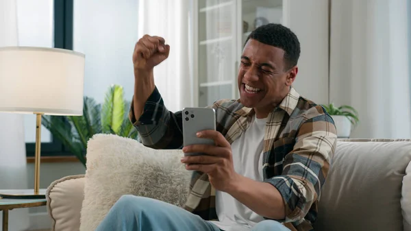 Happy Excited African American Guy User Man Winner Celebrate Online — Stock Photo, Image