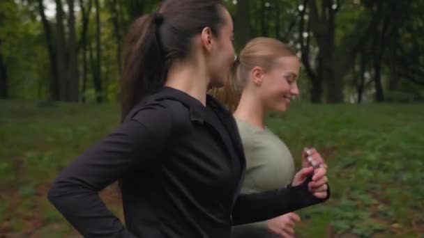Активные Бегуньи Спортивном Костюме Бегают Трусцой Осеннем Парке Свежем Воздухе — стоковое видео
