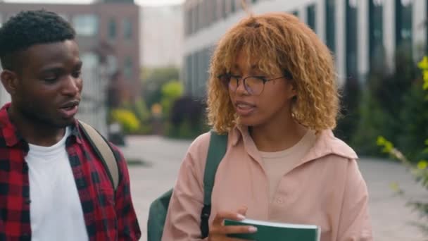 无忧无虑的多种族的朋友多种族的人青少年多样性学生快乐地一起散步大学生高中同学对话友好的交流 — 图库视频影像