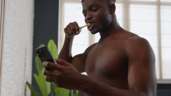 African American Bare Multiracial Man Guy Brushing Teeth Toothbrush Morning — Stock Photo, Image