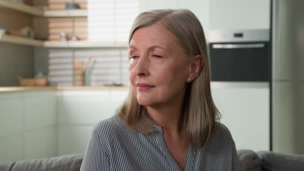 Female Portrait Close Pensive Elderly Mature Caucasian Woman 60S Looking — Stock Video