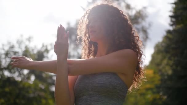 健康积极的女运动员伸展双手伸展肩膀肌肉公园室外阳光背景运动白种人女运动员进行运动训练热身运动健美 — 图库视频影像