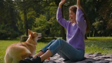 Kulaklıklı mutlu gülen kız köpek yavrusuyla oynayan köpek bakıcısı genç kadın hayvan eğitmeni şehir parkında küçük şirin Galli Corgi köpek maması eğitimi bekliyor.