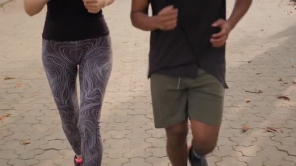 移動ショット 秋の市立公園で一緒に走っている2人の若いアスリート幸せな笑うアラビア人男性とコーカサス女性は カップルジョギング朝の活動ジョギングを愛し 健康的なライフスタイルスポーツトレーニング屋外を実行します — ストック動画