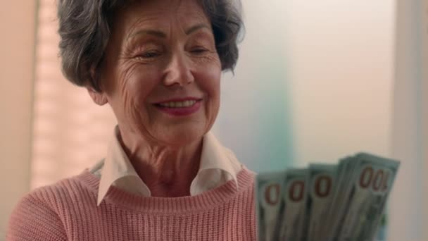 幸せな笑顔豊かな白人の老婦人カウントお金にホーム法案勝利ボーナス祖母カウントドルシニアおばあちゃん保持現金古い女性高齢者退職女性とともに銀行券金融貯蓄 — ストック動画