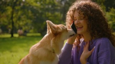 Komik köpek Corgi küçük köpek yavrusu yalayan kız evcil hayvan sahibi gülümseyen Kafkas genz 20 'li yaşlardaki mutlu kadın cep telefonuyla konuşuyor şehir parkında evcil hayvanlarla gülüyor.
