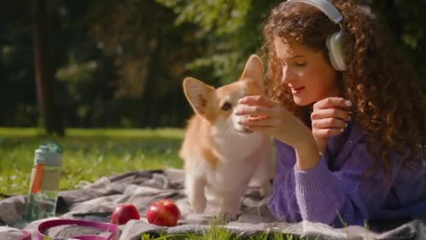 Senyum Gadis Kaukasia Headphone Memberi Makan Anjing Dari Tangan Taman — Stok Video