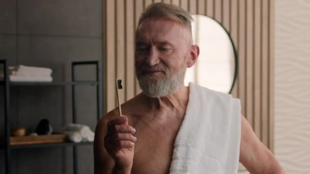 Old Caucasian Retired Male Senior Man Bath Towel Shoulder Showing — Stock Video