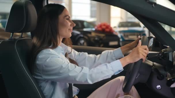 コーカサス 陽気なクライアント バイヤー 新しい ショールーム 自動車 レンタカー テスト ドライブ 車を購入 — ストック動画