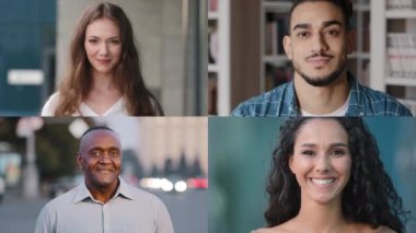 Çeşitlilik insanlar mozaik kolaj portresini böldü mutlu çok ırklı Afrikalı Arap beyaz erkek ve kadınlar kameraya gülümseyen çoklu ekran montajı farklı çok ırklı erkekler kadınlar