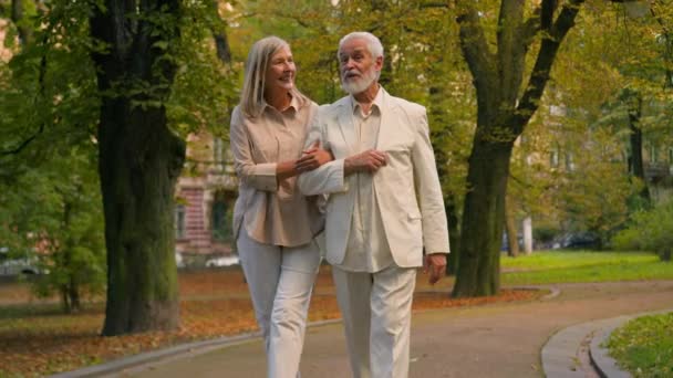 健康的老年白种人祖父母 幸福的老年白种人 已婚的男人 家庭中的女人 手牵着手 走在城市公园外 一起讲故事 一起笑 怀旧记忆退休 — 图库视频影像