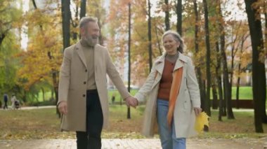 60 'lı yaşlarda çift, gri saçlı karı koca şık kıyafetler içinde sonbahar parkında romantik bir buluşmada, mutlu, aile babası, büyükanne ve büyükbabası el ele tutuşmuş, açık havada yürüyorlar.