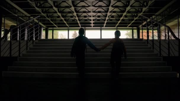 Επιστροφή Δείτε Δύο Καλύτεροι Φίλοι Συμμαθητές Ανεβαίνουν Σκαλοπάτια Κρατώντας Χέρια — Αρχείο Βίντεο