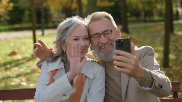 Cheerful Gray Haired Wife Husband Using Smartphone Online Communication Bench — Stock Video