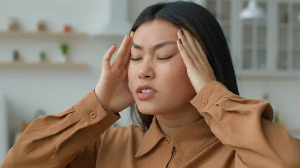 Tired Sick Asian Woman Feel Headache Pain Massaging Temples Touch — Stock Photo, Image