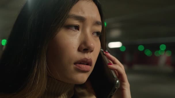 Close Face Mulher Asiática Decepcionado Chateado Jovem Menina Coreano Japonês — Vídeo de Stock