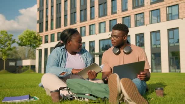 若いアフリカ系アメリカ人男性男性とサイズZの女性がオンラインコンピュータプロジェクトの学生とクラスメイトを助け 公園で一緒にコースワークスタディを説明するラップトップを使用して話す — ストック動画