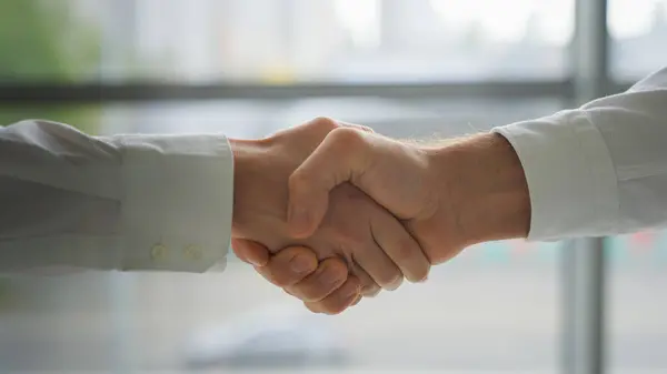 Close Caucasian Hands Shaking Formal Friendly Greeting Welcome Gesture Hired — Stock Photo, Image