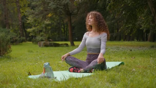 白种人女子适合运动年轻女子伸展身体热身颈在自然夏季公园户外运动准备早上坐在健身垫上练习瑜伽 — 图库视频影像