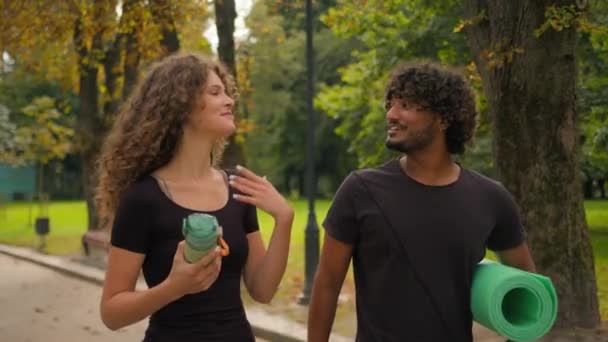 Happy Young Girlfriend Boyfriend Walk Street Together Multiracial Caucasian Woman — Stock Video