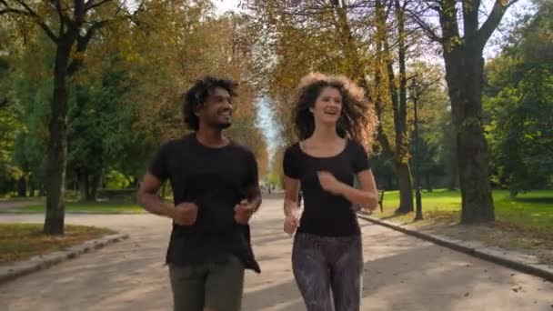 Glückliche Multiethnische Läufer Gesunde Sportler Und Sportlerinnen Die Gemeinsam Freien — Stockvideo