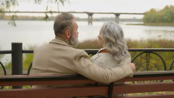 Rear Back View Happy Senior Couple Family Sit Bench Love — Stock Video