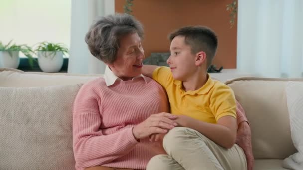 幸せな家族2世代 女性を愛する70代のおばあちゃん年金 家庭ソファで孫の子供の男の子と過ごす 達成を祝って友好的な関係を楽しむ — ストック動画