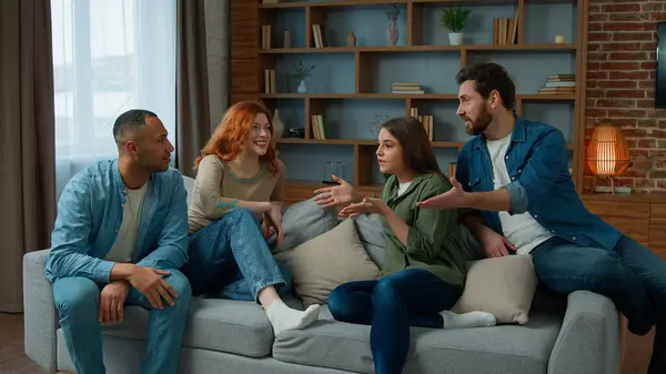 Group Diverse Ethnic Multiracial Friends Girls Guys Sit Sofa Home — Stock Photo, Image