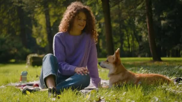 Blanke Jonge Vrouw Meisje Spelen Met Schattige Kleine Vriend Hond — Stockvideo