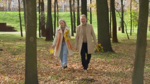 Kaukasische Glückliches Paar Das Zusammen Mit Blättern Herbst Stadtpark Alte — Stockvideo