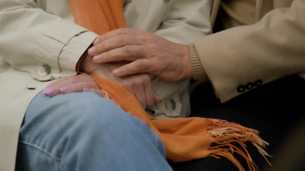 Close Holding Hands Old Couple Sit Together Outdoors Two Wrinkled — Stock Video
