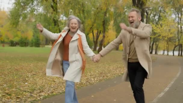 在秋天的公园里玩得开心的一对浪漫的老夫妇笑着成熟的女人和男人快乐的家庭一起在户外跳舞手牵着手跳着快乐的舞在城市里积极地退休 — 图库视频影像