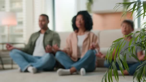 平静的家庭多种族的非裔美国母亲和父亲与小男孩一起冥想儿童瑜伽练习荷花在家里的地板上与父母一起教小儿子禅平衡呼吸冥想 — 图库视频影像
