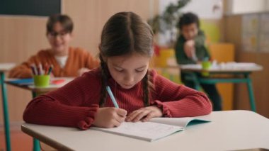 Zorbalık, beyaz kız öğrencilerin ders kitabında yazdıkları ödevi vurguladı. Gürültücü çocuklar, sınıf arkadaşları, buruşuk kağıtları fırlatıp, ilkokul derslerine zorbalık yaptılar.
