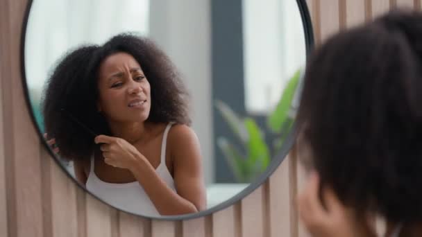 灰心丧气的非洲裔美国女人遇到了麻烦 卷发看着镜子看浴室的美容美发例行公事 准备用梳子梳理卷曲纠结的卷发 — 图库视频影像