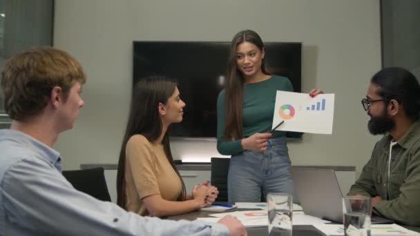 Csapatvezető Üzletasszony Tart Papírokat Bemutató Grafikonok Üzleti Férfiak Nők Különböző — Stock videók