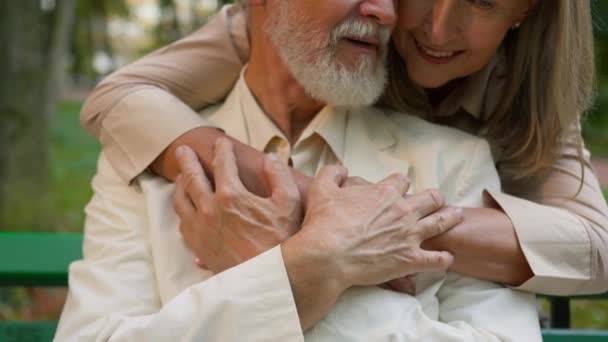 Close Cute Mature Elderly Married Caucasian Couple Woman Embracing Hugging — Stock Video