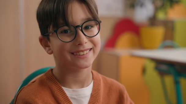 초상화 안경에 코카서스 카메라를 초등학교 유치원에서 미소를 — 비디오